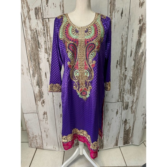 None Dresses & Skirts - Boho Indian Style Dress Purple/Pink/Teal/Gold Check Measurements
